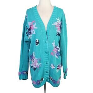 Vintage 90s Nordstrom turquoise blue floral knit cardigan sweater S